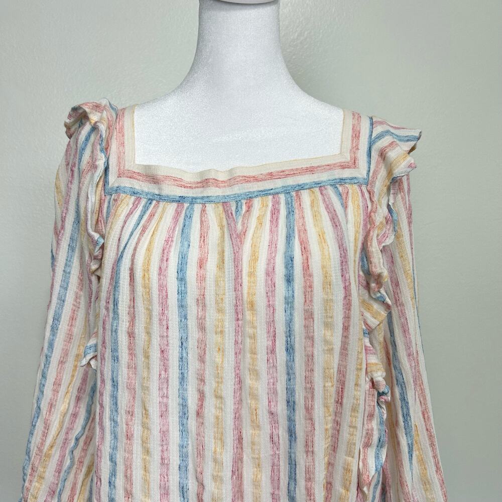 Chaps Ralph Lauren Blouse XL Stripe Ruffle Square Neck Boho Preppy Spring Top
